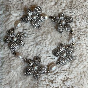 Gorgeous Lotus Blossom and Baroque Pearl and White Crystal Bracelet and Locket